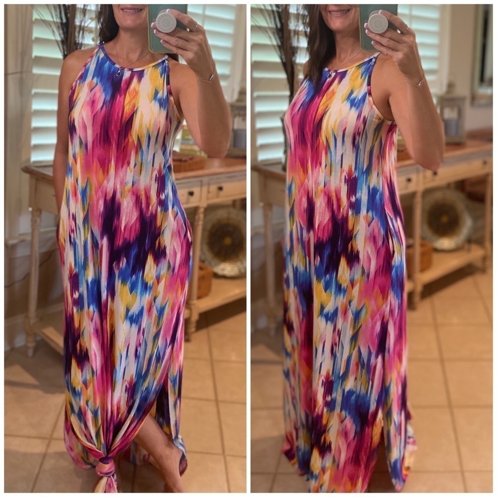 Vibrant Tie Dye Long Tank Maxi Dress Pockets 3020 - Picture 1 of 5